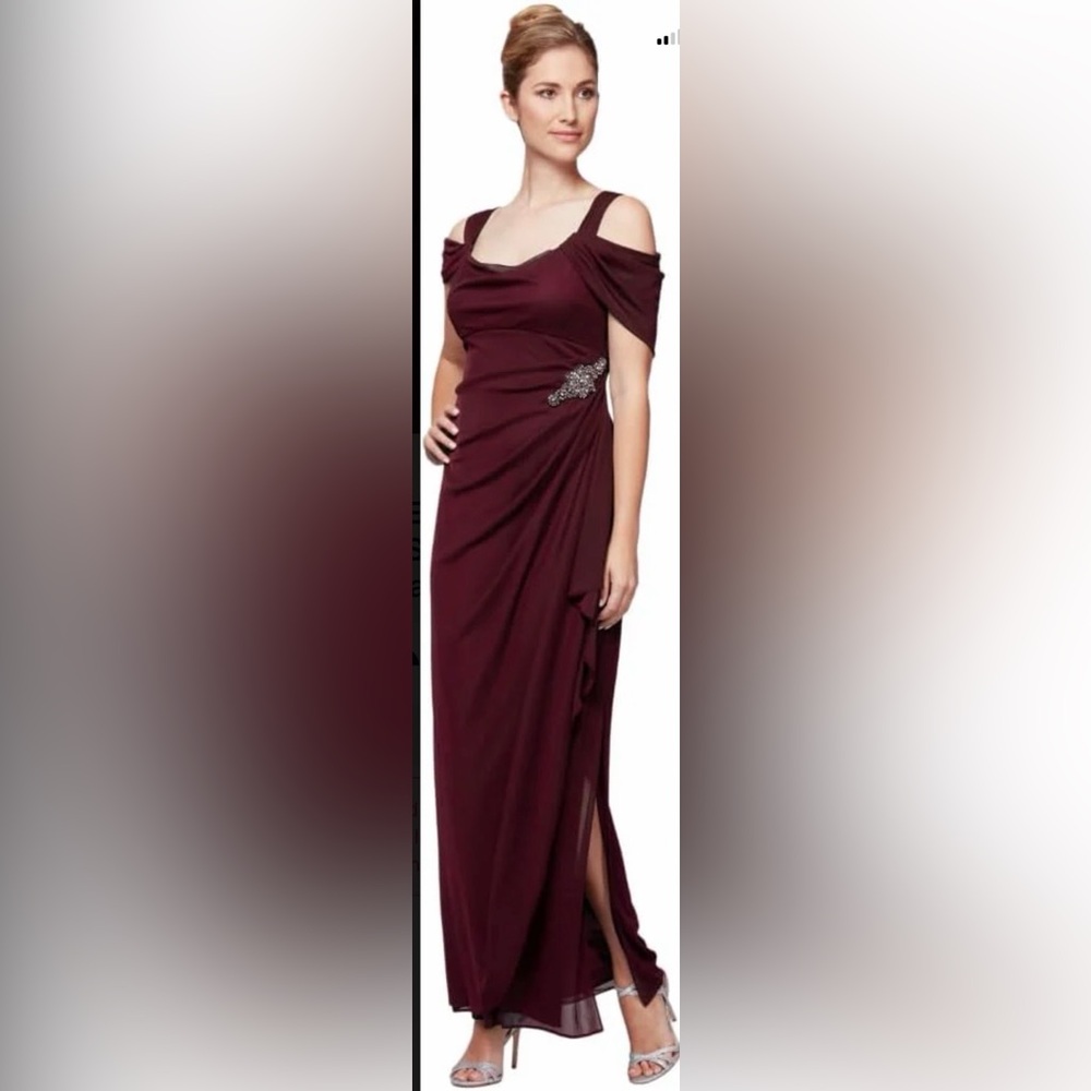 NWT Alex Evenings Burgundy Mothers Dress for Weddings SZ 16 Off Shoulder Gown